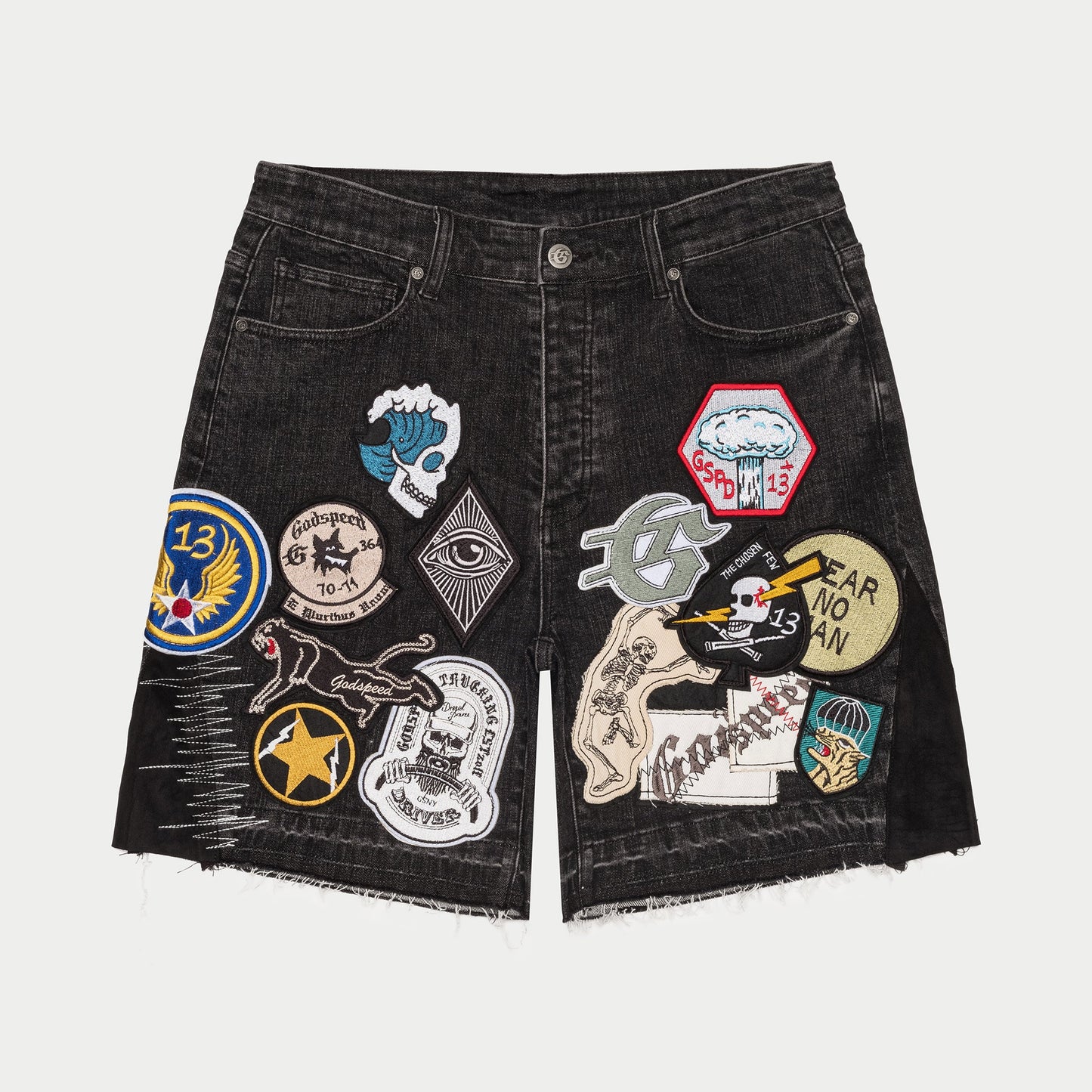 GODSPEED Patchwork Denim Shorts Mens Black
