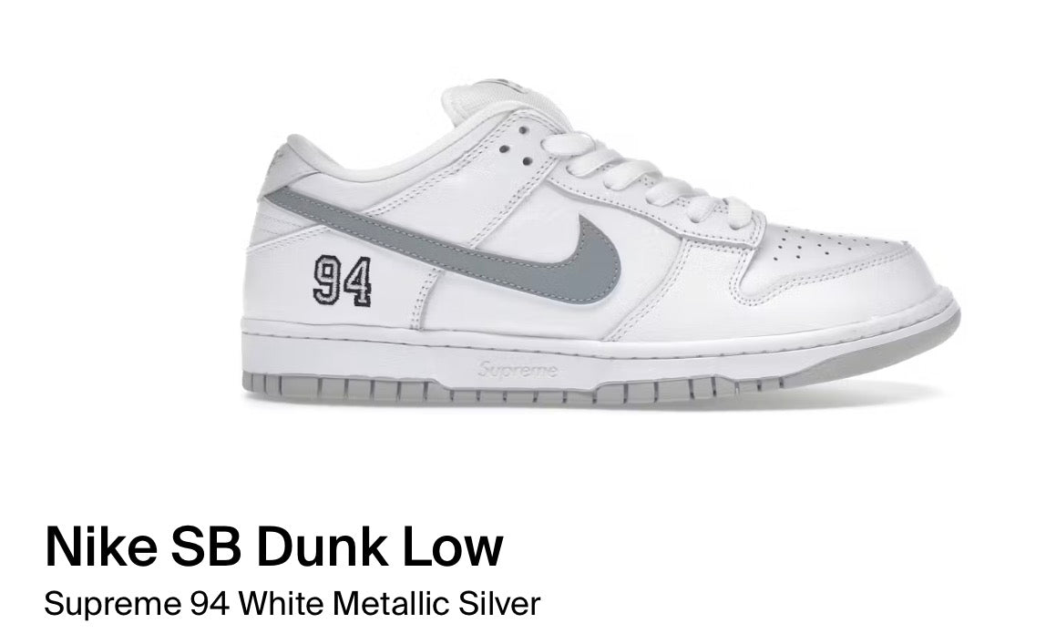Nike SB Dunk Low
Supreme 94 White Metallic Silver