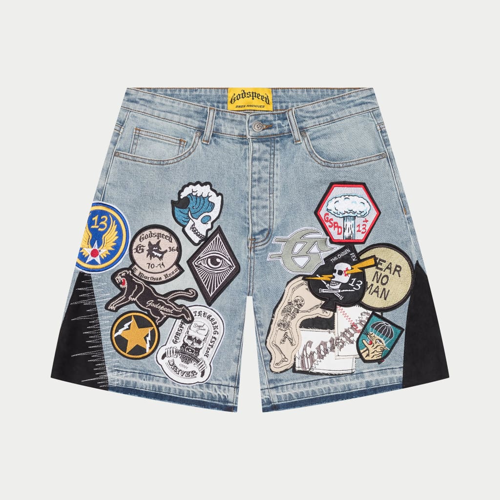Godspeed Patchwork Denim Shorts Blue