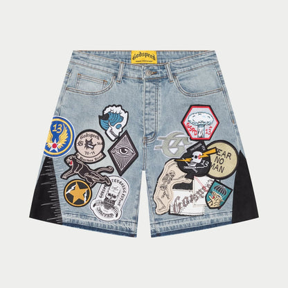 Godspeed Patchwork Denim Shorts Blue