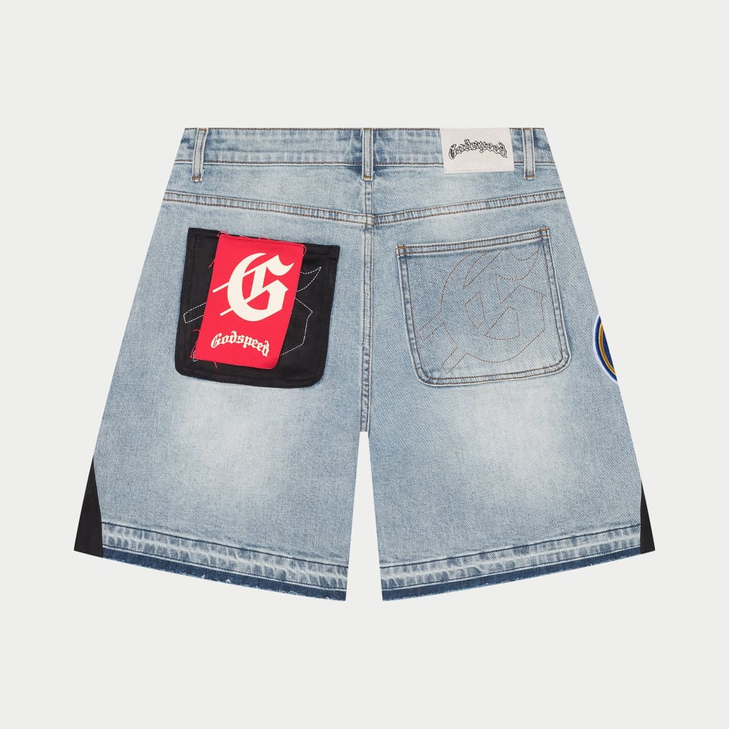Godspeed Patchwork Denim Shorts Blue